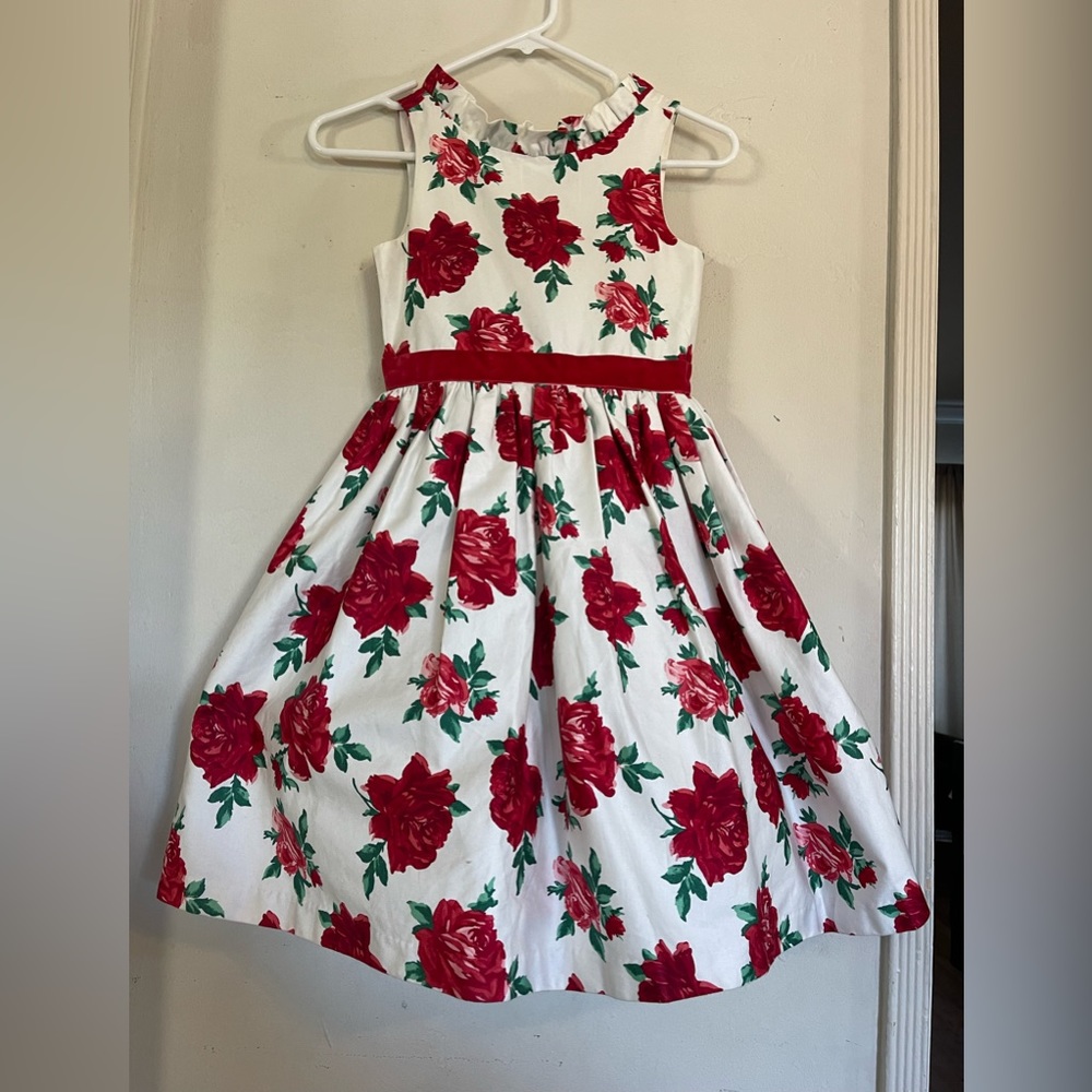 Beautiful red rose dress pattern dress, perfect for the holidays.